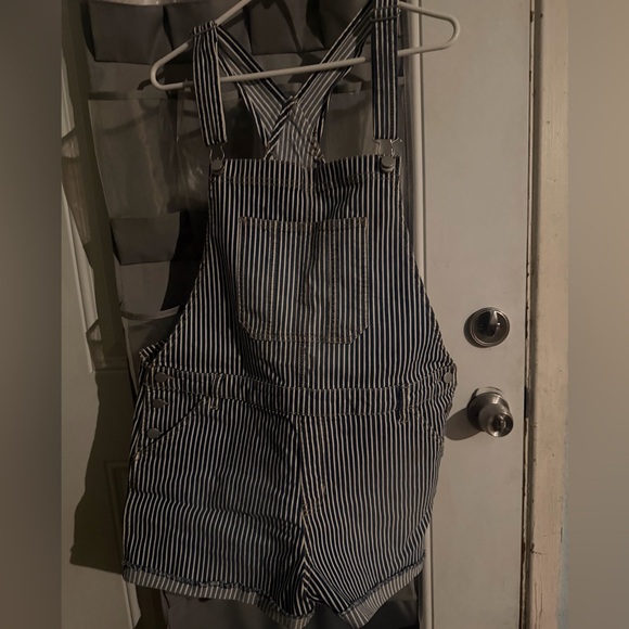 No Boundaries Other - No Boundaries Blue and White Striped Denim Overall Shorts